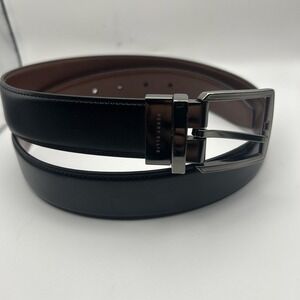 Perry Ellis Reversible Leather Belt‎ Men's Size 32 Black Brown Silver Buckle